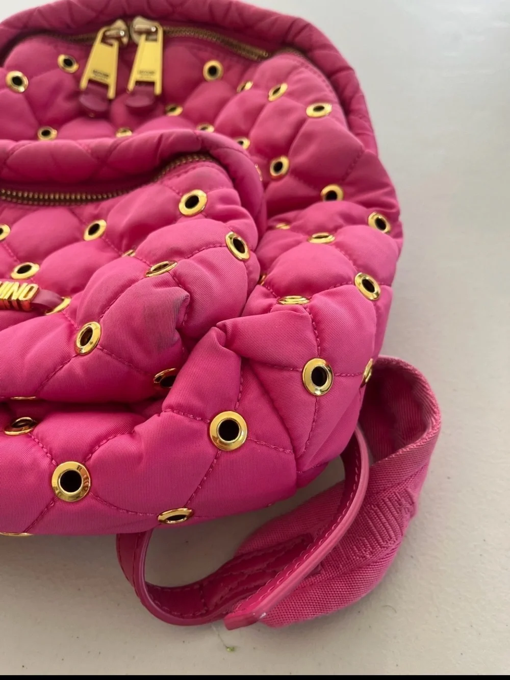 Moschino Hot Pink Quilted Eyelet Backpack with Gold Hardware